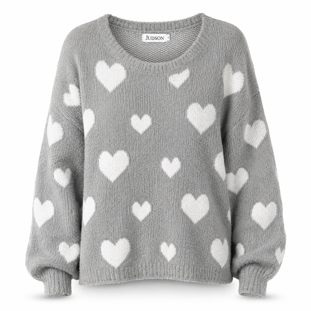 Judson Womens Sweater L Gray Heart Print Eyelash Knit Romantic Cozy Slouchy Soft